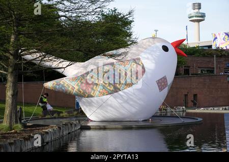 Die Soloveiko Singvögel repräsentieren verschiedene Regionen der Ukraine und sind mit einzigartigem Gefieder gestaltet. Auch auf Englisch als die Nachtigall bekannt, ist der Nationalvogel der Ukraine. Es ist ein Symbol für Gesang und Glück. 12 Soloveiko Songbirds aus verschiedenen Regionen der Ukraine sind in Liverpool für Eurovision 2023 Stockfoto