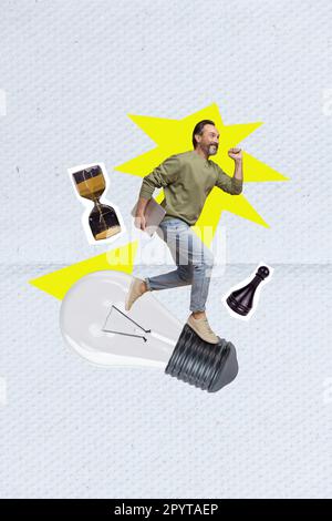 Collage 3D Pinup Pop Retro-Sketch-Bild von einem zielgerichteten Kerl, der eine Idee hat, Schach zu spielen isolierten Malhintergrund Stockfoto
