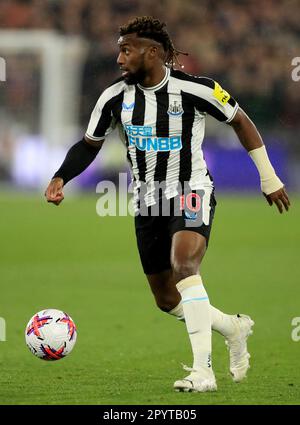 Dateifoto vom 05.-04-2023 von Newcastle United's Allan Saint-Maximin in Action während des Premier League-Spiels im London Stadium. Bilddatum: Mittwoch, 5. April 2023. Ausgabedatum: Freitag, 5. Mai 2023. Stockfoto