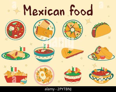 Auswahl an traditionellen mexikanischen Speisen. Vektordarstellung im handgezeichneten Stil. Stock Vektor