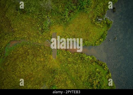 Holzbrücke über einen ruhigen Teich in der Natur Stockfoto