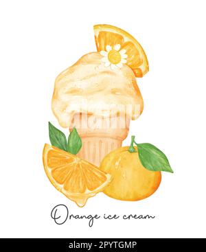 Erfrischungen hausgemachte Orangeneis Waffel mit Fruchtzusammensetzung Aquarell Illustration Vektor Banner isoliert auf weißem Hintergrund. Stock Vektor