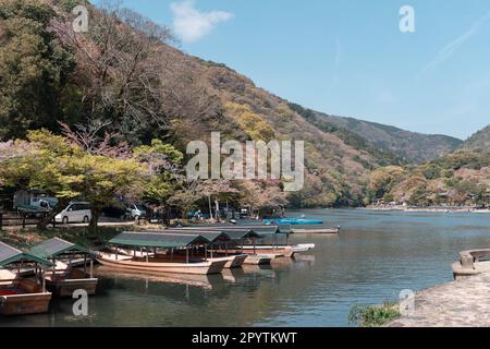 KYOTO, JAPAN - 4. April 2023: Boote auf dem Fluss Katsura im Arashiyama-Viertel mit Kirschblüten im Frühling Stockfoto