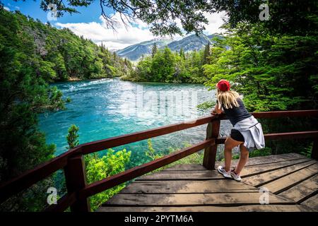 Ein junges Weibchen blickt auf den blau-grünen Fluss des Parque Nacional Los Alerces, Argentinien Stockfoto