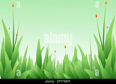 Stilisierte Gräser und orangefarbene Blumen auf grünem Hintergrund. Hintergrund für den Frühling oder Sommer. Stockfoto