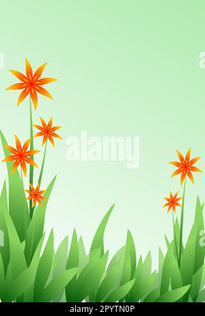 Stilisierte Gräser und orangefarbene Blumen auf grünem Hintergrund. Hintergrund für den Frühling oder Sommer. Stockfoto