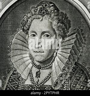 Königin Elizabeth I. von England (1533 - 1603). Quadratische Gravur, die in den 1700er Jahren von Michael van der Gucht (1660-1725) nach einem Porträt von Sir Anthony More (c. 1520-c. 1576) erstellt wurde. Stockfoto