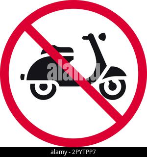 Kein Roller-Parkplatz, Schild mit Schaukelsitz, Retro-Moped verboten, moderner Rundaufkleber, Vektorzeichnung Stock Vektor