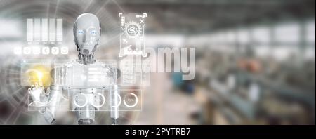 Roboter mit künstlicher Intelligenz in der Produktionslinie für Smart Engineering und automatisierte Fertigung mit futuristischer AR-Technologie. Industrie A Stockfoto