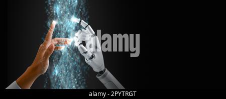 Roboter und Menschenhände berühren Informationsfluss in Koexistenz, um gemeinsam in Digital Twin zu lernen. Metaverse AI, Datenanalysetechnologie, Cha Stockfoto