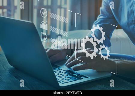 Automatisierung, Konzept zur Optimierung von industriellen Geschäftsprozessen und Arbeitsabläufen auf einem virtuellen digitalen Bildschirm Stockfoto