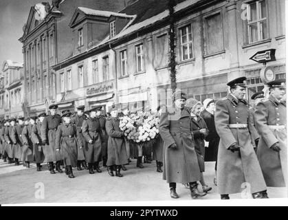 Demonstrationsprozession auf der Klement-Gottwald-Straße (jetzt Brandenburger Straße). Rallye und Kranzlegen am Sowjetdenkmal auf dem Bassinplatz anlässlich des 45. Jahrestags der Sowjetarmee in Potsdam. Ereignis. Soldaten. DDR. Historisch. Foto: MAZ/Leon Schmidtke, 23.02.1963 [automatisierte Übersetzung] Stockfoto