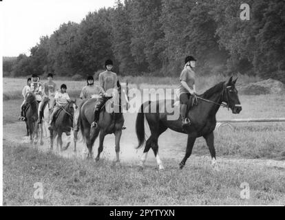 Der Reiterhof Jürgen Rietz in Lübnitz bei Belzig bietet Reitunterricht für Kinder. Pferdefarm. Reitstall. Pferde. Reiter. Reiten. Foto: MAZ/Peter Sengpiehl, 19.07.1993 [automatisierte Übersetzung] Stockfoto