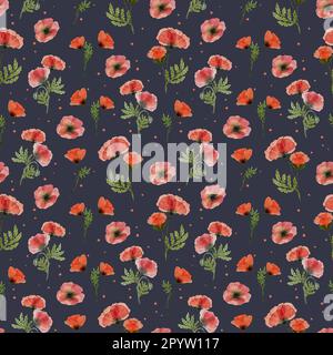 Wasserfarbenes, nahtloses Muster mit roten Mohnblumen. Handgezeichnete Sommerzeichnung. Design für Kleider, Textilien, Geschenkverpackungen und Tapeten. Stockfoto