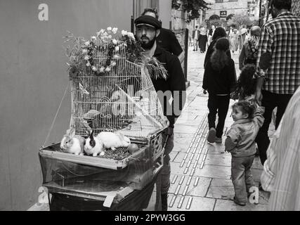 Ein Mann schiebt einen dekorierten Kinderwagen mit einem Käfig und drei Kaninchenbabys, während ein Kind in der Altstadt von Kaleici, Antalya, Provinz Antalya, Türkei (Turkien) zusieht Stockfoto