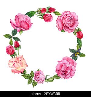 Aquarell geblümter Kranz mit roten und rosa Rosen isoliert auf weißem Hintergrund Stockfoto