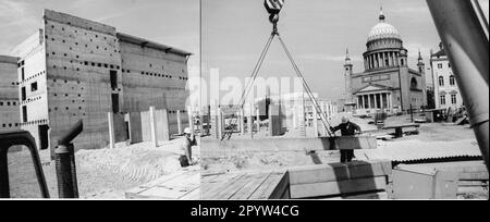 Potsdam Alter Markt Bau Neubau Theater HOT Wende GDR Wendezeit Kranhaken Nikolaikirche Institut für Lehrerausbildung IFL Fachhochschule Bauarbeiter Juni 1991 Foto: MAZ/Christel Köster Stockfoto
