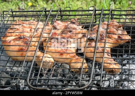Hähnchenschenkel auf dem Grillgitter. Köstliches Steak, gegrilltes Hähnchen und BBQ. Gegrilltes Hühnerfleisch Stockfoto
