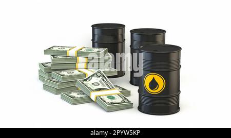 Ölfässer und 3D-Dollar-Banknote, Darstellung isoliert auf weißem Hintergrund Stockfoto