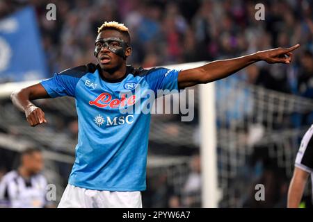 Udine, Italien. 04. Mai 2023. Victor Osimhen von SSC Napoli Gesten während des Fußballspiels der Serie A zwischen Udinese Calcio und SSC Napoli im Friuli-Stadion in Udine (Italien) am 4. Mai 2023. Neapel zog 1-1, wobei Udinese den italienischen Titel „cudetto“ gewann. Kredit: Insidefoto di andrea staccioli/Alamy Live News Stockfoto