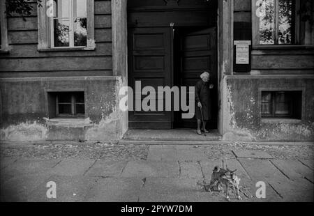 DDR, Berlin, 07.05.1989, Oranienburger Straße, ältere Frau mit Hund, [maschinelle Übersetzung] Stockfoto