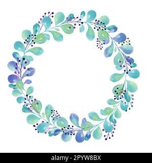 Aquarelle Kranz mit grünen und blauen Blättern, Verlauf in Illustration, Skizze, grüne und blaue Farbe, Kräuterschmuck isoliert auf weißem Hintergrund. Stockfoto