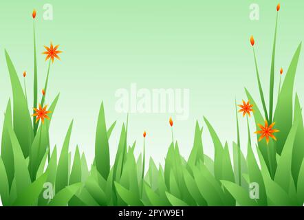 Stilisierte Gräser und orangefarbene Blumen auf grünem Hintergrund. Hintergrund für den Frühling oder Sommer. Stockfoto