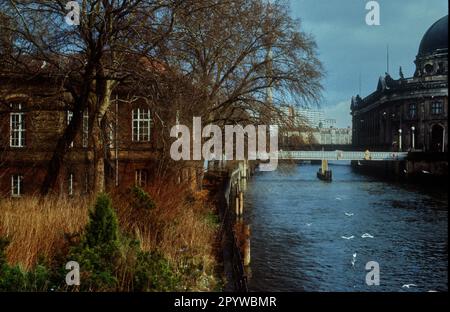 DDR, Berlin, 16.03.1988, provisorische Brücke am Monbijoupark, Monbijoubrücke, Bodemuseum, (Kaiser-Friedrich-Museum), links: Krankenhaus, [Maschinelle Übersetzung] Stockfoto