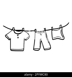 Doodle Laundry an einem Seil Ikonen. Vektor-Wäschekleidung-Skizze. Isoliert Stock Vektor