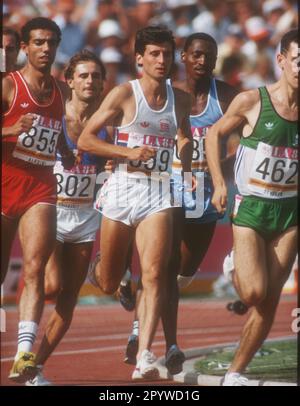 Olympische Spiele 1984 in Los Angeles. 1500m: Mitte: Sebastian Coe (GBR/Gold). 06.08.1984. [Automatisierte Übersetzung] Stockfoto