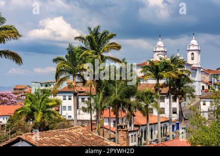 Blick auf das historische Zentrum der Stadt Diamantina mit seinen Häusern im Kolonialstil, Kirche und Palmen, Brasilien Stockfoto