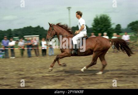 Brandenburg-Sachsen / Minderheiten / Slawen / 1996 1996, Stoppelreiten der Sorbs in Raddusch, Brandenburg. Auf den geernteten Feldreiterwettbewerben. // Wends / Lusatia / Pferde / Tiere / Reiten / Gallop / Zoll die Eroberung des Ostens in Ostdeutschland begann bereits von Karl dem Großen, erlitt aber viele Rückschläge. 1168 wurde das große slawische Heiligtum auf Rügen von den Dänen zerstört, und Albrecht der Bär eroberte die slawische Festung Brennabor, Brandenburg. Die Slawen wurden nach Osten zurückgeschoben. Ihre Nachkommen, die Wends und Sorbs, leben heute im Südosten von Brandenburg und in Stockfoto