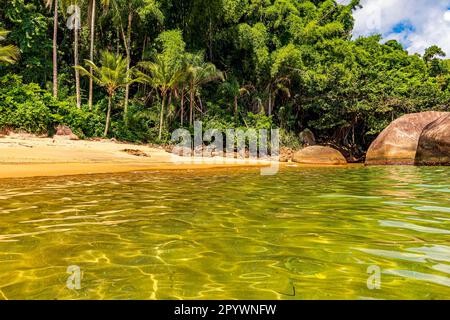 Begegnung zwischen erhaltenen tropischen Wäldern, Strand Sand und Meer in Ilha Grande an der Südküste von Rio de Janeiro, Brasilien Stockfoto