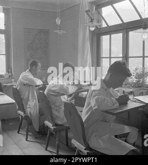 Männer malen Geschirr von Hand in einer Fabrik im Berchtesgadener Land. Unbezahltes Foto von etwa 1935. Stockfoto