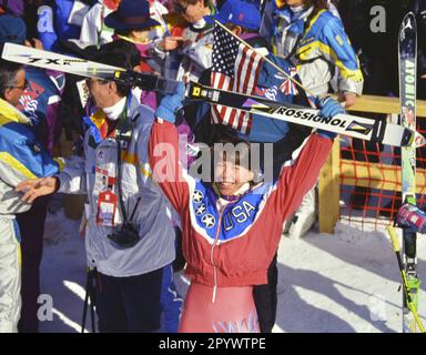 Olympische Winterspiele Albertville 08-23.02.1992 Giant Slalom Women 19.02.1992 Diann ROFFE STEINROTTER (USA) jubelt an der Ziellinie. FOTO: WEREK Press Photo Agency xxNOxMODELxRELEASExx [automatisierte Übersetzung]- ÖSTERREICH AUSSERHALB Stockfoto