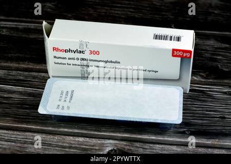 Kairo, Ägypten, Mai 2 2023: Humanes Anti-D (Rh)-Immunglobulin Rhophylac 300 μg Mikrogramm 1500 I.E. für intravenöse oder i.m. Stockfoto