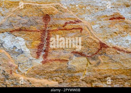 Felskunstmalerei in Pedra Furada, UNESCO-Weltkulturerbe Serra da Capivara National Park, Piaui, Brasilien Stockfoto