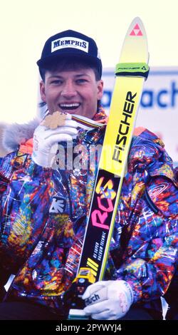 SKI ALPIN STAFFEL 90/91 Weltmeisterschaft 1991 Saalbach-Hinterglemm Super G Men 23.01.1991 Stephan EBERHARTER ( AUT) xxNOxMODELxRELEASExx (automatisierte Übersetzung) - ÖSTERREICH RAUS Stockfoto