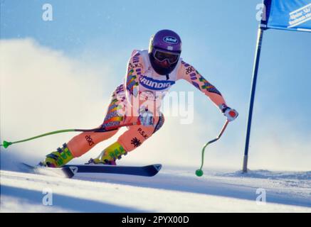 SKI ALPIN STAFFEL 90/91 Weltmeisterschaft 1991 Saalbach-Hinterglemm Super G Ladies 29.01.1991 Ulrike MAIER (AUT) xxNOxMODELxRELEASExx (automatisierte Übersetzung) - ÖSTERREICH RAUS Stockfoto