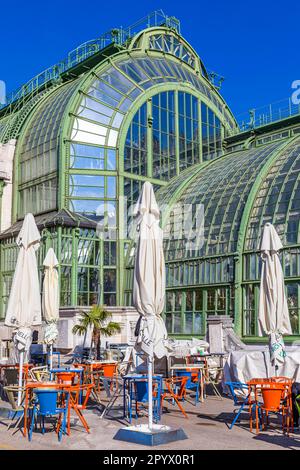 Geschlossenes Café im Palmenhaus mit grünem Glasdach, im Burggarten, Wien, Österreich Stockfoto