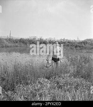 Ein Mann in Badehosen kehrt erfolgreich von der Jagd zurück. In der einen Hand hält er ein Gewehr, in der anderen die tote Ente. Unbezahltes Foto, wahrscheinlich auf einer Farm in der Provinz Pommern in den 1930er. Stockfoto