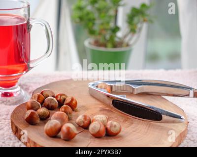 Ein Glas Rotbeertee und Haselnüsse mit Nussknacker liegen auf einem Holzbrett auf einem gemütlichen, orangefarbenen, warmen Tuch. Fenster mit Vorhangspitze im Hintergrund Stockfoto