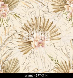 Nahtloses Muster im Boho-Stil. Handgezeichnete Ziergegenstände in Aquarellfarben mit trockenen Palmenblättern und Orchideenblumen auf beigefarbenem, cremigem Hintergrund. Tropische Darstellung für Geschenkpapier oder Textildesign. Stockfoto