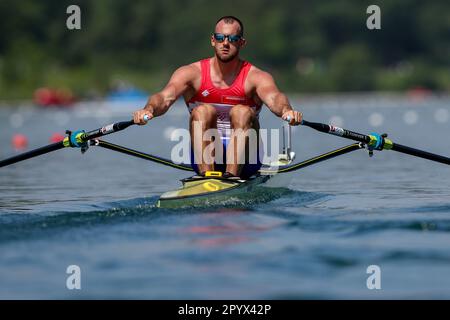 Zagreb, Kroatien. 05. Mai 2023. ZAGREB, KROATIEN - MAI 05: Damir Martin aus Kroatien tritt am 5. Mai 2023 in Zagreb, Kroatien, beim World Ruwing Cup 2023 Single Sculls Heat 4race für Männer gegeneinander an. Foto: Igor Kralj/PIXSELL Kredit: Pixsell/Alamy Live News Stockfoto