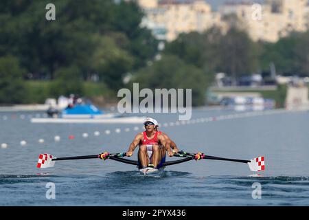 Zagreb, Kroatien. 05. Mai 2023. ZAGREB, KROATIEN - MAI 05: Damir Martin aus Kroatien tritt am 5. Mai 2023 in Zagreb, Kroatien, beim World Ruwing Cup 2023 Single Sculls Heat 4race für Männer gegeneinander an. Foto: Igor Kralj/PIXSELL Kredit: Pixsell/Alamy Live News Stockfoto