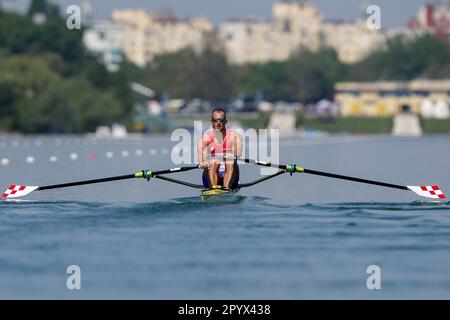 Zagreb, Kroatien. 05. Mai 2023. ZAGREB, KROATIEN - MAI 05: Damir Martin aus Kroatien tritt am 5. Mai 2023 in Zagreb, Kroatien, beim World Ruwing Cup 2023 Single Sculls Heat 4race für Männer gegeneinander an. Foto: Igor Kralj/PIXSELL Kredit: Pixsell/Alamy Live News Stockfoto