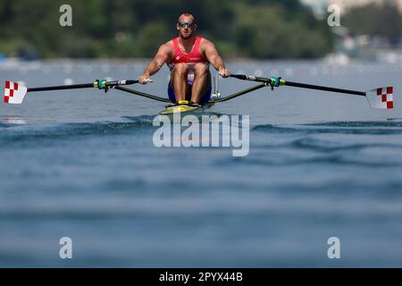 Zagreb, Kroatien. 05. Mai 2023. ZAGREB, KROATIEN - MAI 05: Damir Martin aus Kroatien tritt am 5. Mai 2023 in Zagreb, Kroatien, beim World Ruwing Cup 2023 Single Sculls Heat 4race für Männer gegeneinander an. Foto: Igor Kralj/PIXSELL Kredit: Pixsell/Alamy Live News Stockfoto