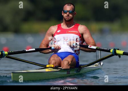 Zagreb, Kroatien. 05. Mai 2023. ZAGREB, KROATIEN - MAI 05: Damir Martin aus Kroatien tritt am 5. Mai 2023 in Zagreb, Kroatien, beim World Ruwing Cup 2023 Single Sculls Heat 4race für Männer gegeneinander an. Foto: Igor Kralj/PIXSELL Kredit: Pixsell/Alamy Live News Stockfoto