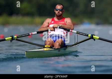 Zagreb, Kroatien. 05. Mai 2023. ZAGREB, KROATIEN - MAI 05: Damir Martin aus Kroatien tritt am 5. Mai 2023 in Zagreb, Kroatien, beim World Ruwing Cup 2023 Single Sculls Heat 4race für Männer gegeneinander an. Foto: Igor Kralj/PIXSELL Kredit: Pixsell/Alamy Live News Stockfoto