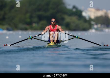 Zagreb, Kroatien. 05. Mai 2023. ZAGREB, KROATIEN - MAI 05: Damir Martin aus Kroatien tritt am 5. Mai 2023 in Zagreb, Kroatien, beim World Ruwing Cup 2023 Single Sculls Heat 4race für Männer gegeneinander an. Foto: Igor Kralj/PIXSELL Kredit: Pixsell/Alamy Live News Stockfoto